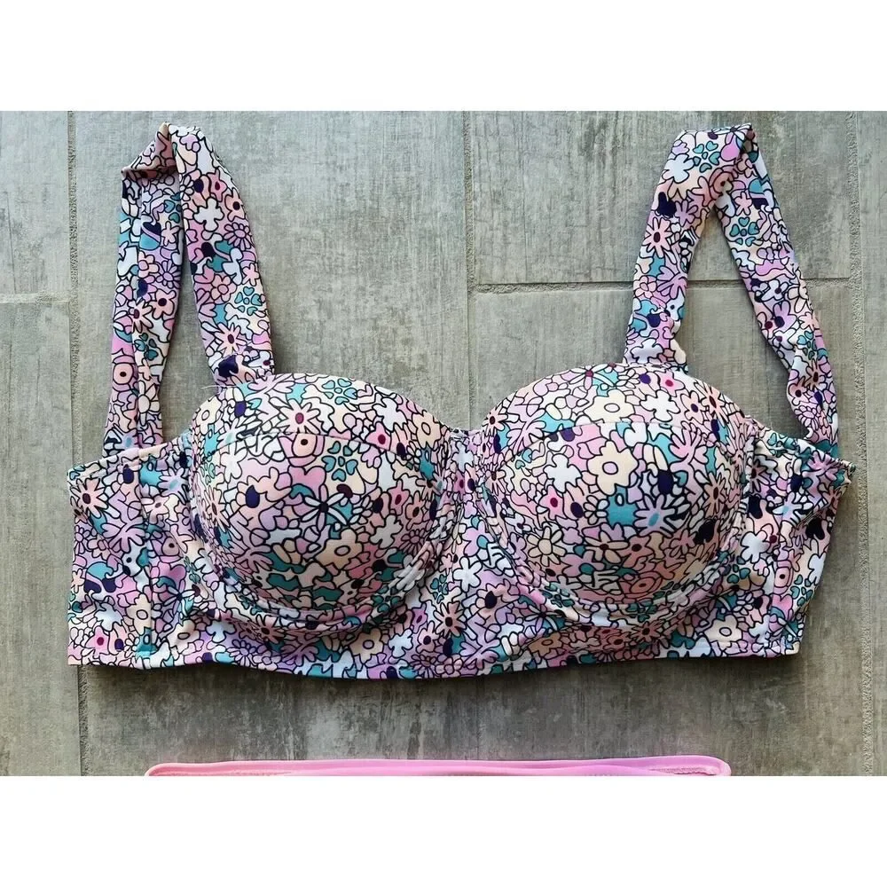 Los Angeles Boutique 2 Piece High Waisted Bikini Set Push Up Pink Floral L (M)